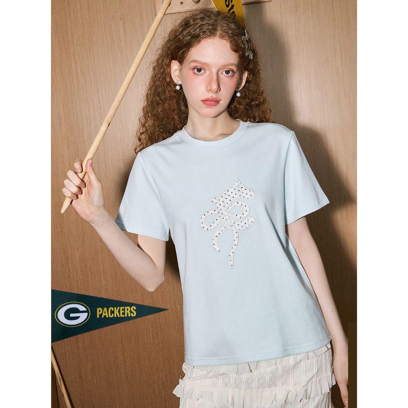 Coolhut2025 Summer Sweet Bow Embroidery Loose Slimming Versatile Women's T-Shirt