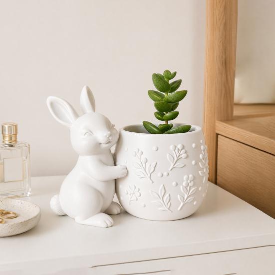 Mini Flowerpot 3D Printed Bunny Hugging Succulents Planter, Cute Rabbit Flower Pot with Embossed Planter Floral Body, Desk Decor for Office