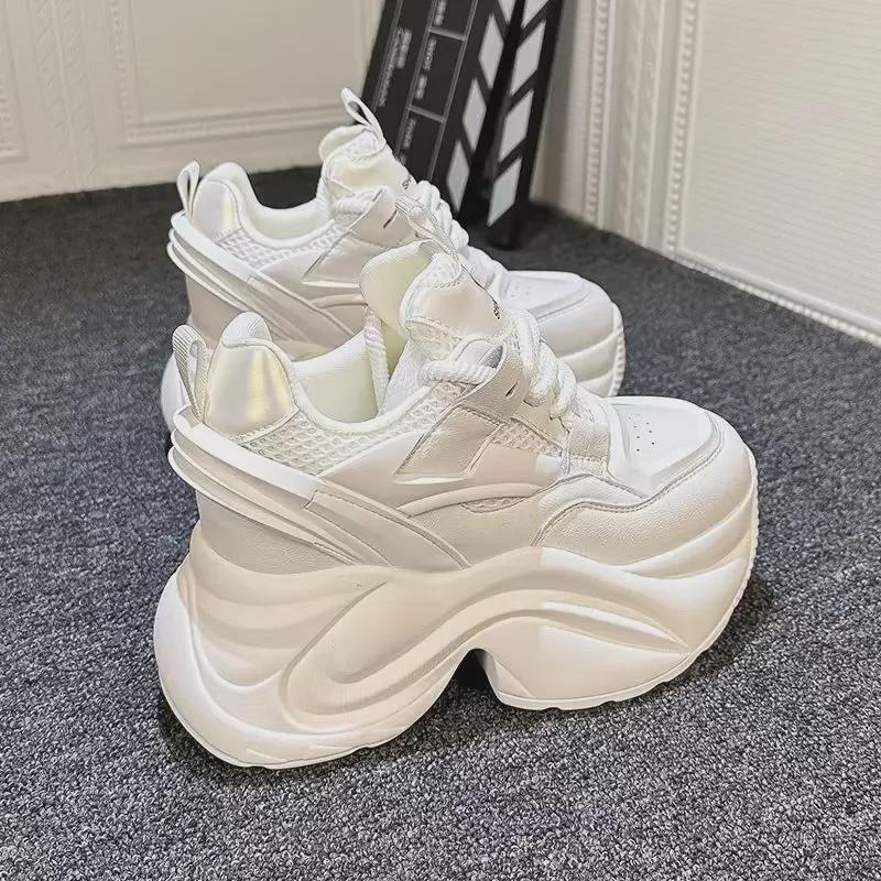 Spring 2024 Women's White Mesh Sneakers with Hidden Lift - Slimming Casual Sporty Dad Shoes