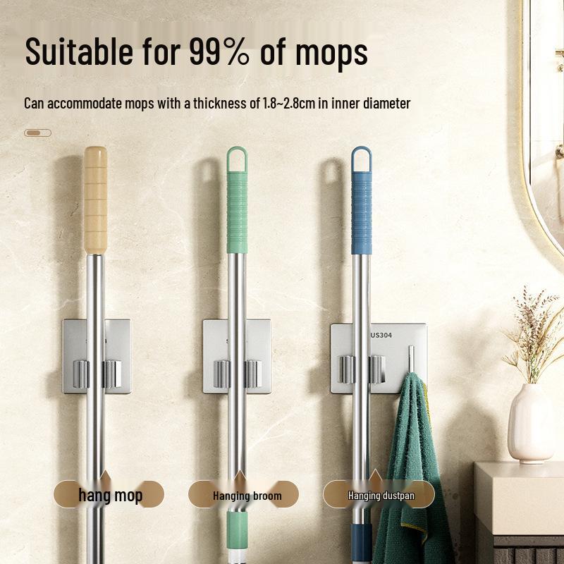 304 Stainless Steel No-Punch Mop and Broom Hook for Bathroom Storage