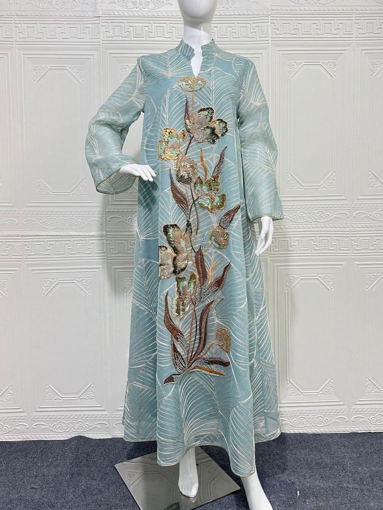 NC132 Embroidered Mesh Abaya Dress - Dubai Style