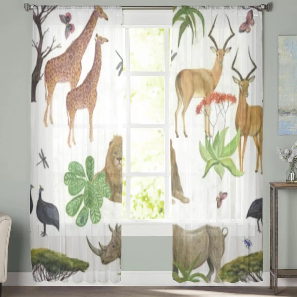 Cortinas transparentes de animais africanos selvagens, para sala de estar, quarto, cozinha, tule, painéis decorativos para casa