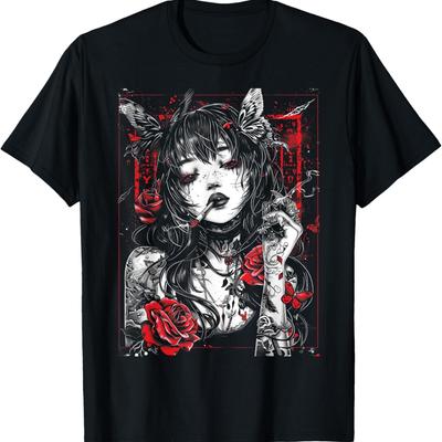 Anime Japanese Goth Cyberpunk City Gothic Roses Vintage T-Shirt