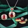 Pomegranate Red Zirconia Set: Floral Necklace, Red Diamond Stud Earrings, and Open-ended Gemstone Ring