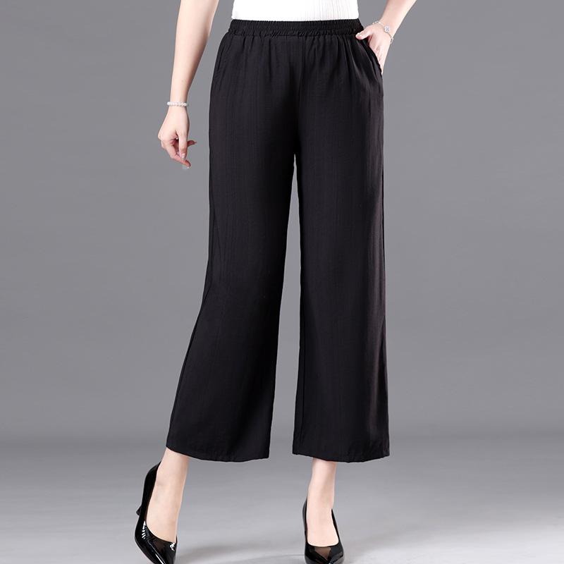 Elastic Waist Summer Pants for Middle-Aged & Elderly Women - Loose, Straight, Nine-Point Casual Style