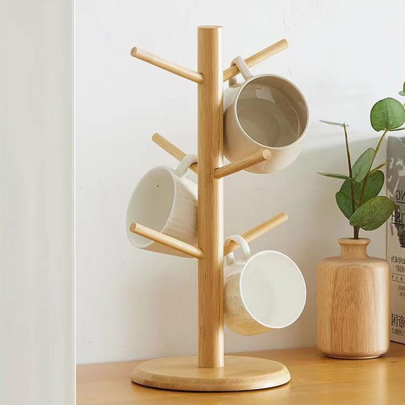 Set Baumform Holz Kaffee Tee Tasse Aufbewahrungshalter Ständer Becher Hängendes Ausstellungsregal Trinkgeschirr Regal 6 Haken Zuhause Küche1