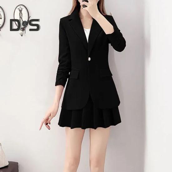 2 Pièces/ensemble Manteau Jupe Ensemble Femmes Printemps Automne Revers Manches Longues Bouton Unique Costume Manteau Plissé Mini Jupe Ensemble Couleur Unie Ensemble