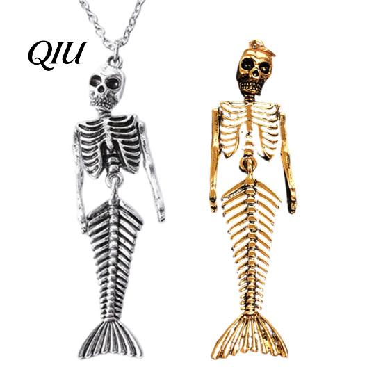 Anniversary Gift for Goth Lovers Skull Mermaid Skeleton Pendant Necklace, Gothic Dark Fantasy Jewelry Exotic Aesthetic Women, Creative Spooky