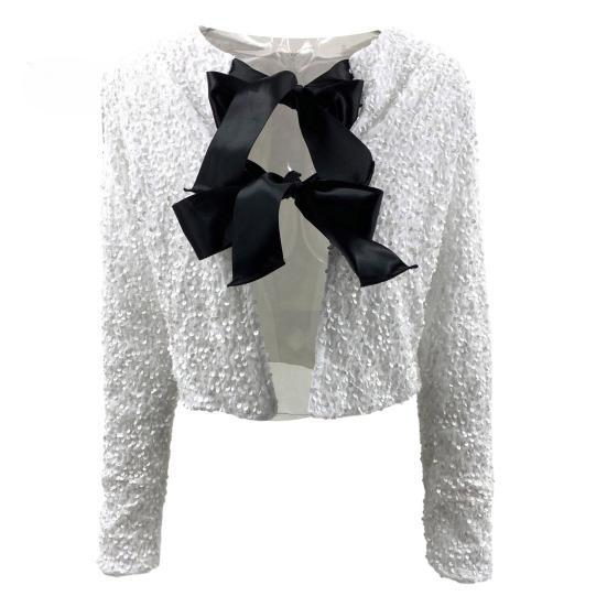 Women Autumn Winter Cropped Coat O-neck Long Sleeve Sexy Nightclub Coat Sequins Bowknot Lace Up Glitter Cardigan Party Club Outerwear
