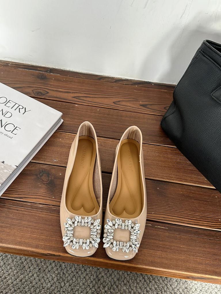 Korean version patent leather square head rhinestone thick heel shallow mouth single shoes women's 2025 new spring and autumn versatile one-pedal