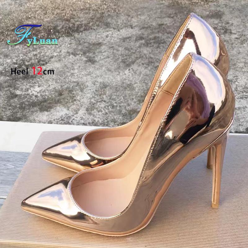 Europe and America New Pointed Single Shoes Women Champagne Gold Party Dress High Heels 8CM 10CM 12CM Mirror PU Stiletto Pumps