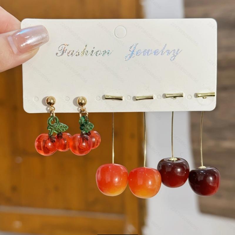 New Cute Simulation Red Cherry Earrings for Women Girl Sweet Resin Hot Sale Earring Student Fruit Fashion Zircon Gift