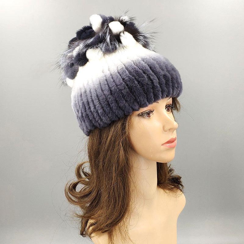 New Rex Rabbit Hair Hat Women's Winter Thickened Warm Fashion Versatile Elastic Fur Woven Hand-sewn Knitted Hat