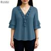 Women Casual Ruffles V-Neck Loose 3/4 Sleeve Blouse