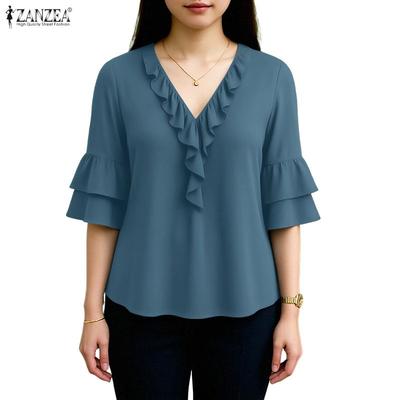Women Casual Ruffles V-Neck Loose 3/4 Sleeve Blouse