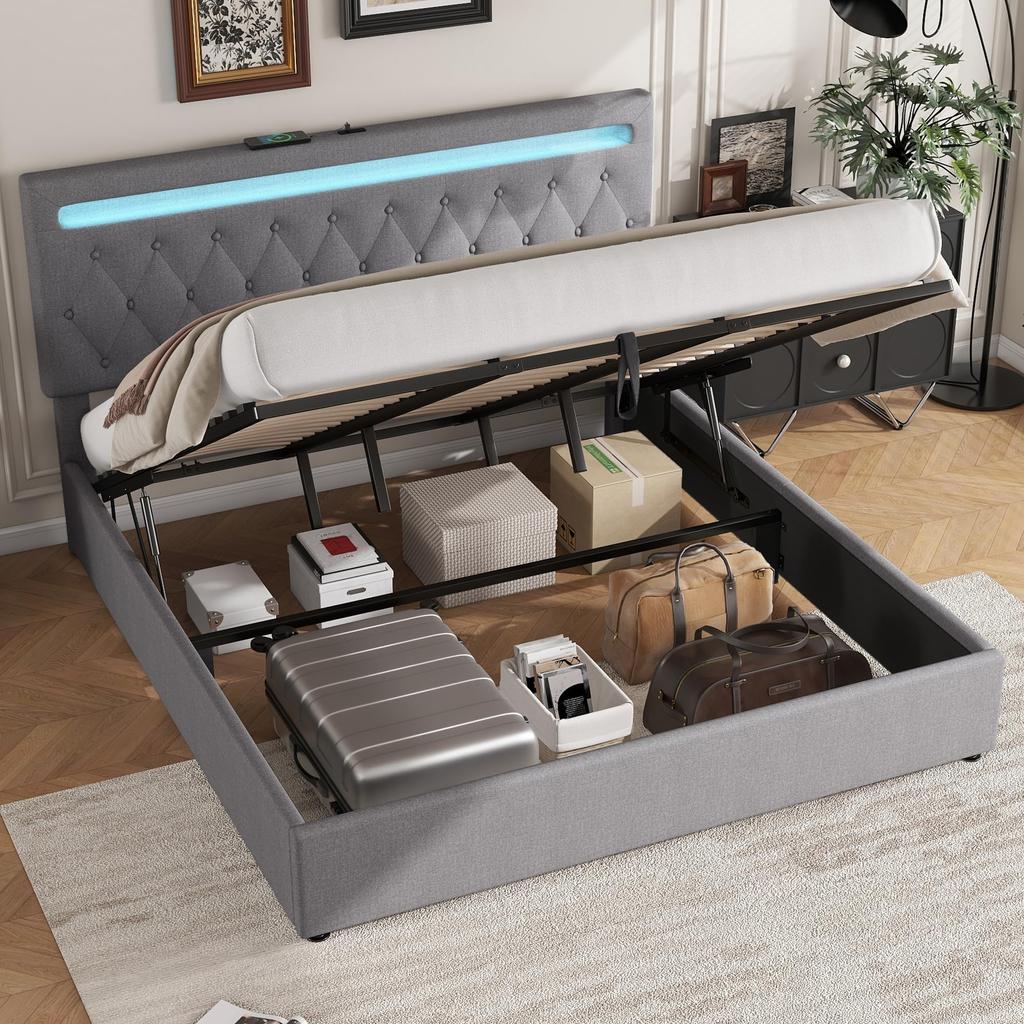 Upholstered Bed 160x200cm Hydraulic Double Bed Slat Base Headboard Outlets Ambient Lighting Storage Space Adults Teenagers Without Mattress Grey