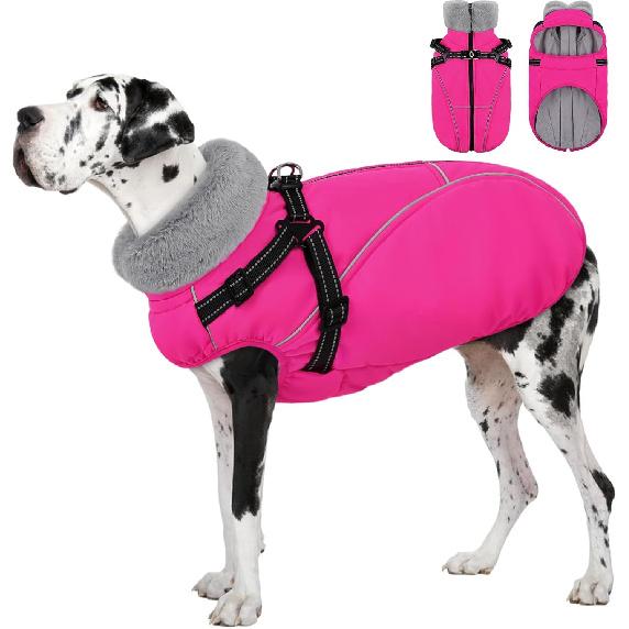 AOFITEE Dog Jacket with Harness Built in, Waterproof Dog Coat for Small Dogs, Warm Fleece Pet Puffer Vest with Zipper on Back & Furry Collar,