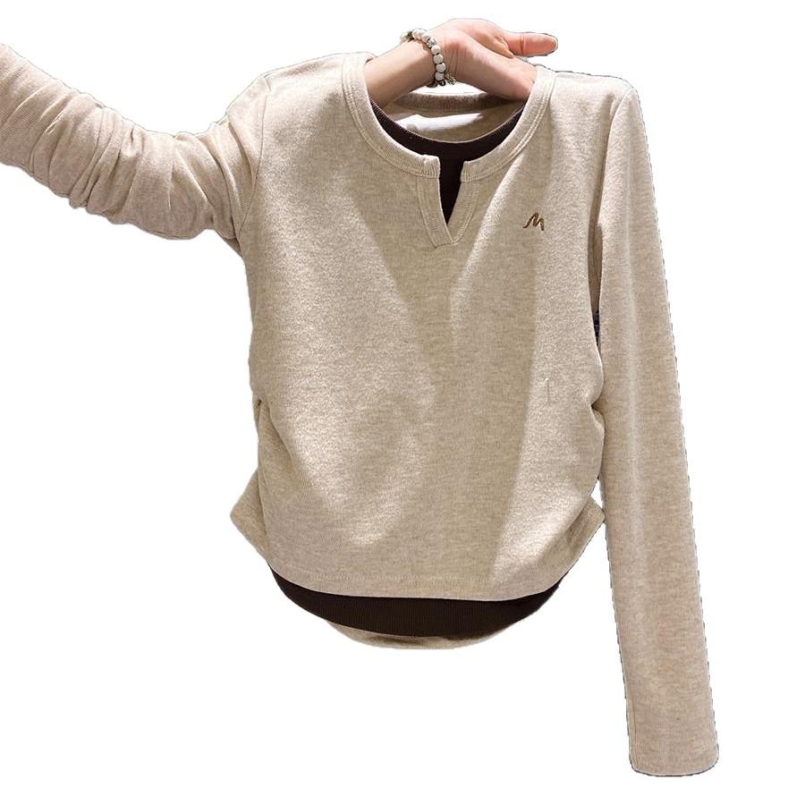 Women's Fake Two-Piece Long-Sleeve T-Shirt - Early Autumn 2025, Slimming High-End Inner Layer, Short Top