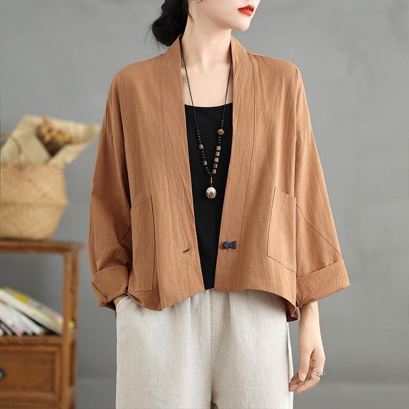 Damen S Locker Kurz Baumwoll-Leinen-Mischung Strickjacke Hemd