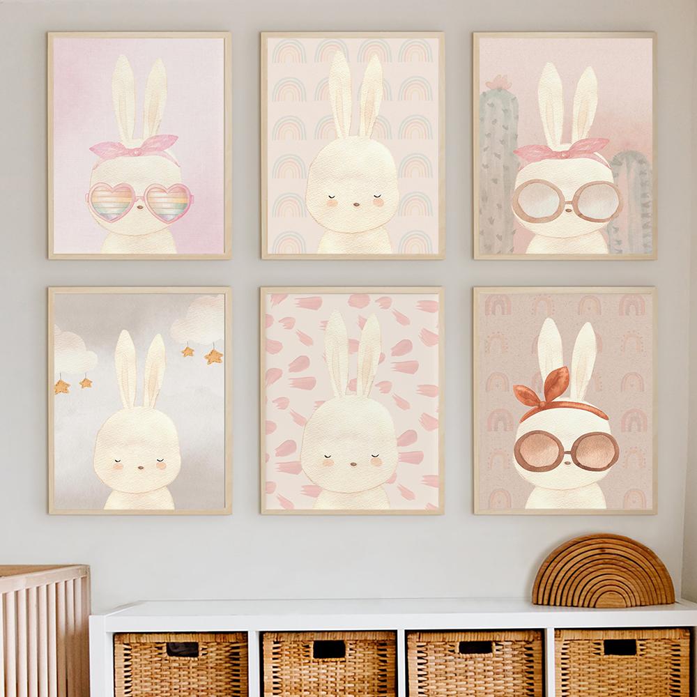 Boho Rainbow Bunny Wall Art Canvas Painting Nordic Poster Art Prints Cactus Rabbits Pictures for Girls Room Childrens Room Decor
