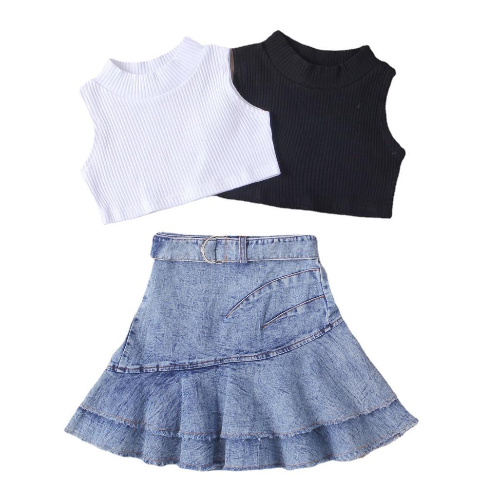 Girls' Fashion Set, Summer Children's Casual Solid-color Sleeveless Top, Denim Pleated Skirt Set