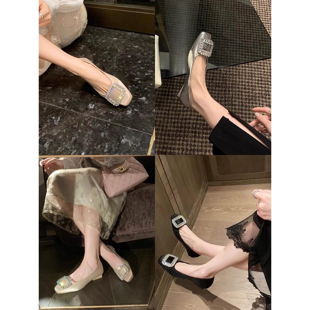 Cowhide version~ Grape mother has the same expensive square buckle rhinestone shallow mouth square head flat shoes for commuting and one-pedal single 