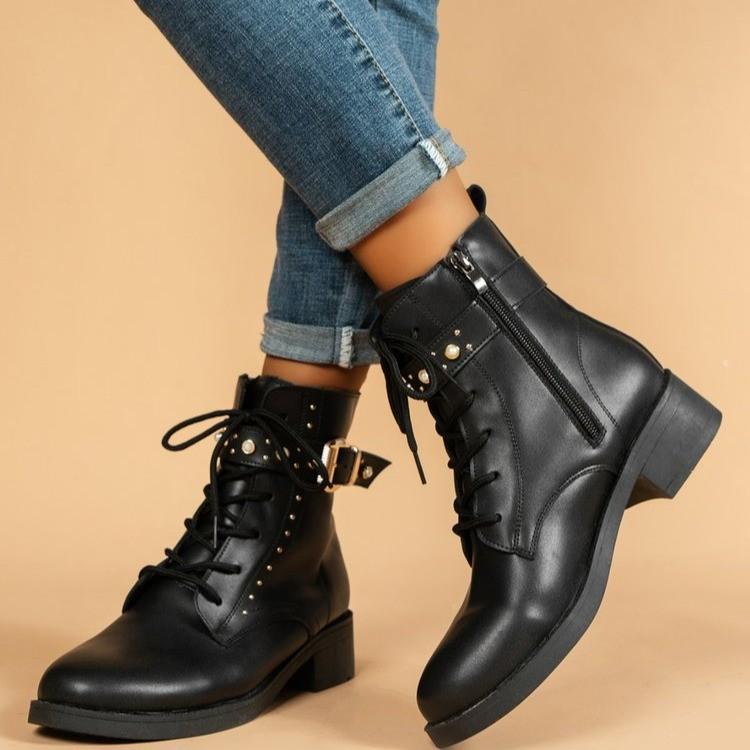 Martin Boots Women's New Round Head Side Zipper Short Tube Flat Bottom Short Boots Wind Metal Buckle Strap Thin Boots