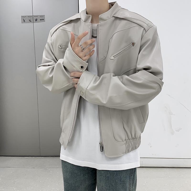 

Мужская высококачественная мотоциклетная куртка из черной ПУ кожи - осенне-зимний стиль со стойкой XXXL белый