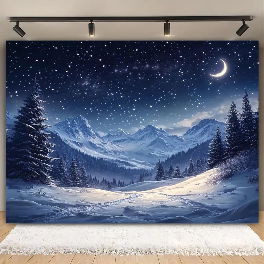 Starry Winter Mountain Landscape Tapestry: Serene Snowy Night-Themed Wall Hanging for Home Decor