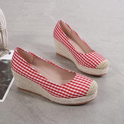 2024 Mode Keilabsatz Schuhe Damen Frühling Sommer Stoff Damenschuhe Karomuster Damen High Heel 7cm A4247