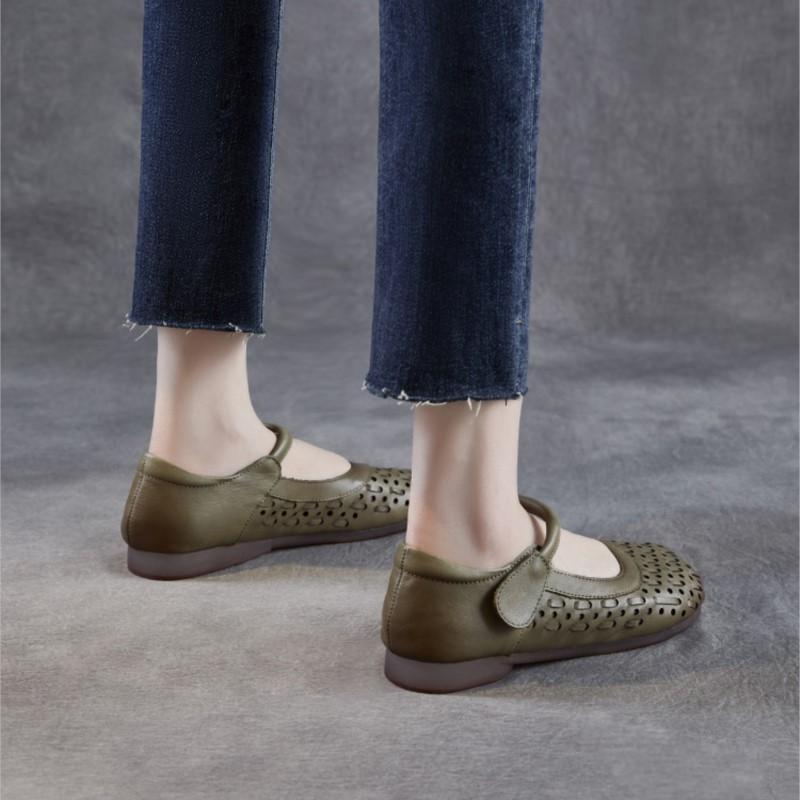 Johnature Pantofi de damă din piele naturală cu talpă moale, sandale plate confortabile, respirabile, decupate