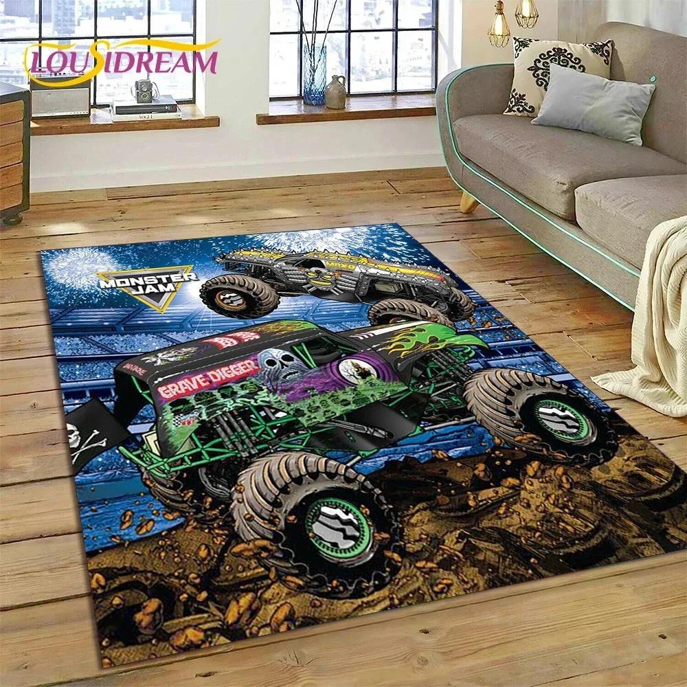 Tapete de Desenho Animado Monster Truck Monster Jam para Quarto Sala de Estar Decoração de Casa Sofá, Jogo Infantil Grande Tapete de Chão Decorativo