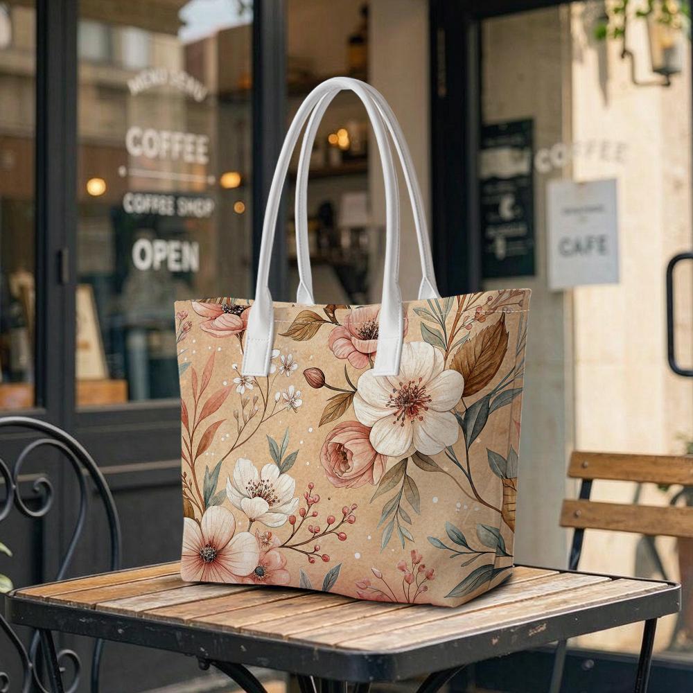 Boho Floral Print Tote Bag Casual Ladies Daily Use Shoulder Bag Versatile Lightweight Carryall for Shopping Outdoor Commute