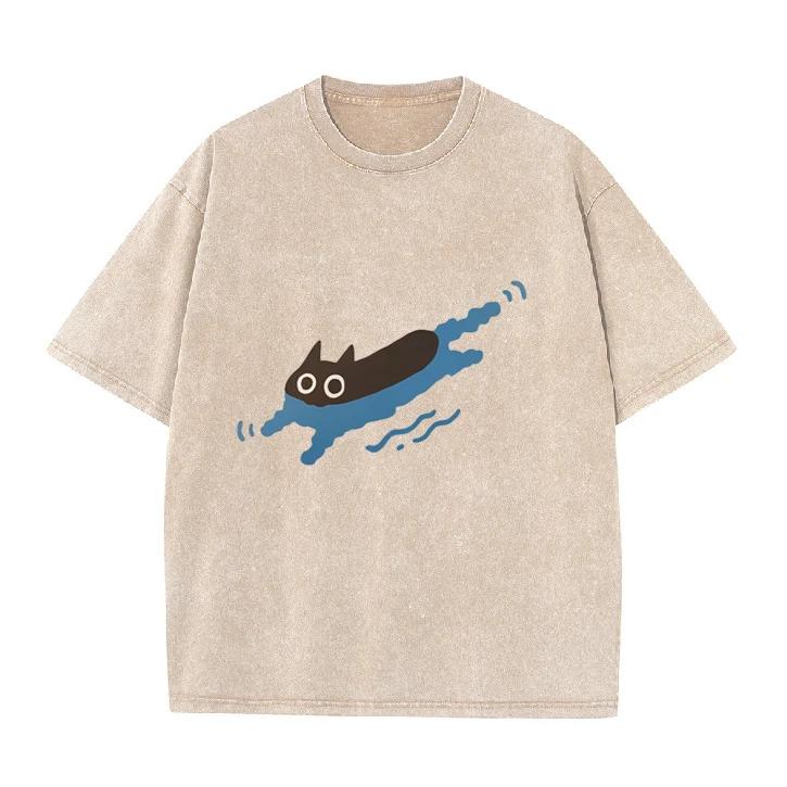 

Funny Black Cat in Water Graphic Tshirt Vintage Washed Grey Casual Oversized Harajuku Style Tee S