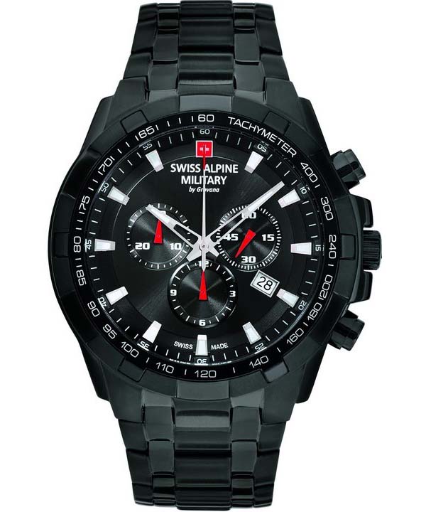 Swiss Alpine Military Star Fighter Stainless Steel Black Dial Quartz 7043.9177 100M Men's Watch