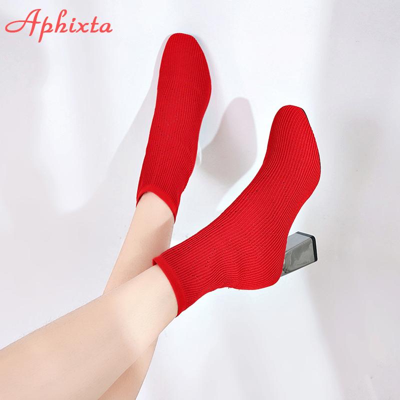 Mote Aphixta Metallfarge 7cm Firkantede Hæler Sokkestøvletter Kvinner Stor Størrelse 43 Stretchstoff Elastisk Spiss Tå Sko Ankelstøvlett Kvinne