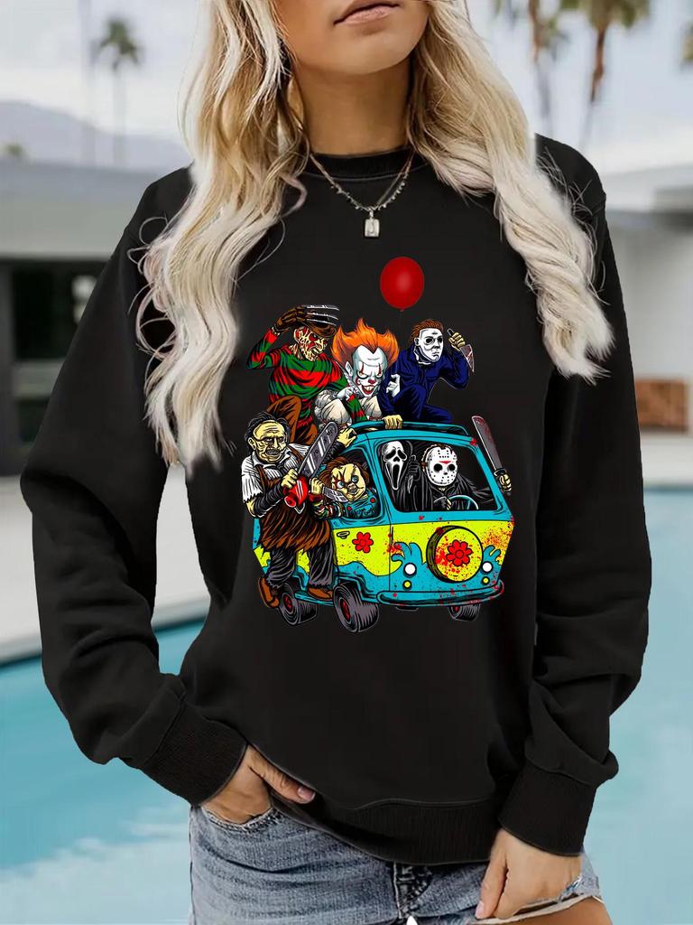 European & American Women's Halloween Crew Neck Pullover - Casual Fall/Winter Long Sleeve Sweatshirt