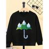 Kids Unisex Crewneck Sweatshirt, Cartoon Green Umbrella With Rain Drops Print Soft Fleece Pullover For Kids Over 4 Years Old