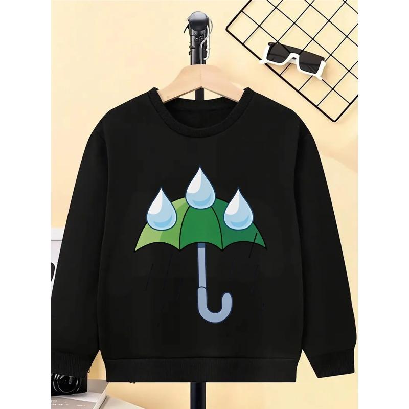 Kids Unisex Crewneck Sweatshirt, Cartoon Green Umbrella With Rain Drops Print Soft Fleece Pullover For Kids Over 4 Years Old