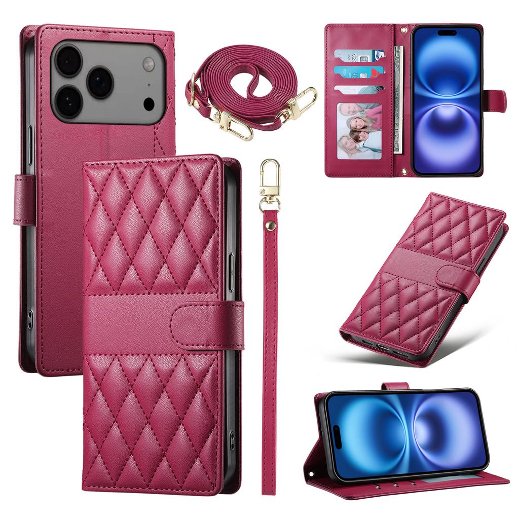 For iPhone 17 Pro Max Case Rhombus Stitching Wallet Stand Leather Phone Cover with Long/Short Strap