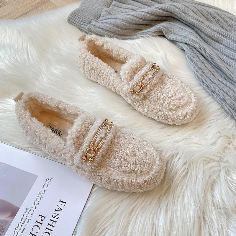 Fashion Crystal Metal Chains lambwool moccasins winter shoes woman warm curly fur flats female furry cotton snow boots shoes big size 43