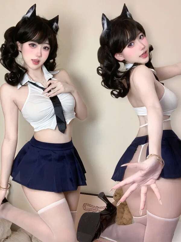 Sexy Pure Desire Short Top Pleated Academy Two Piece Skirt Set Sexy Pure Desire Uniform Fashion Sweet Women Skirts New K54M