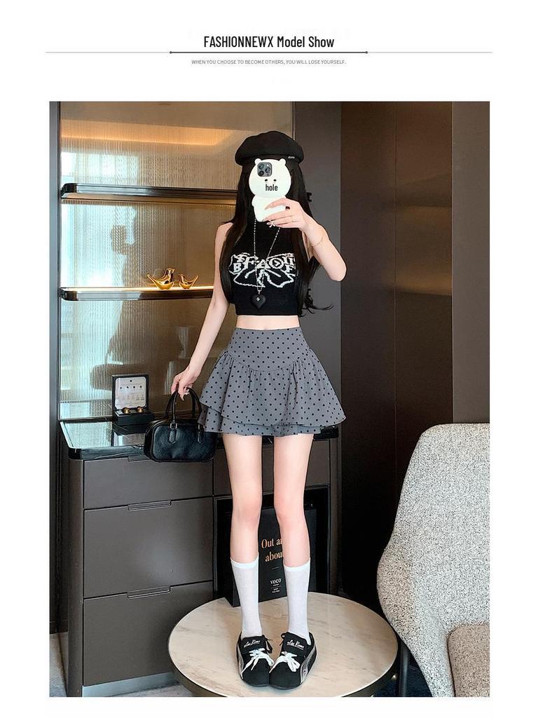 Plus Size Grey Polka Dot A-line Short Skirt for Autumn - High Waist Fluffy Cake Design for Women