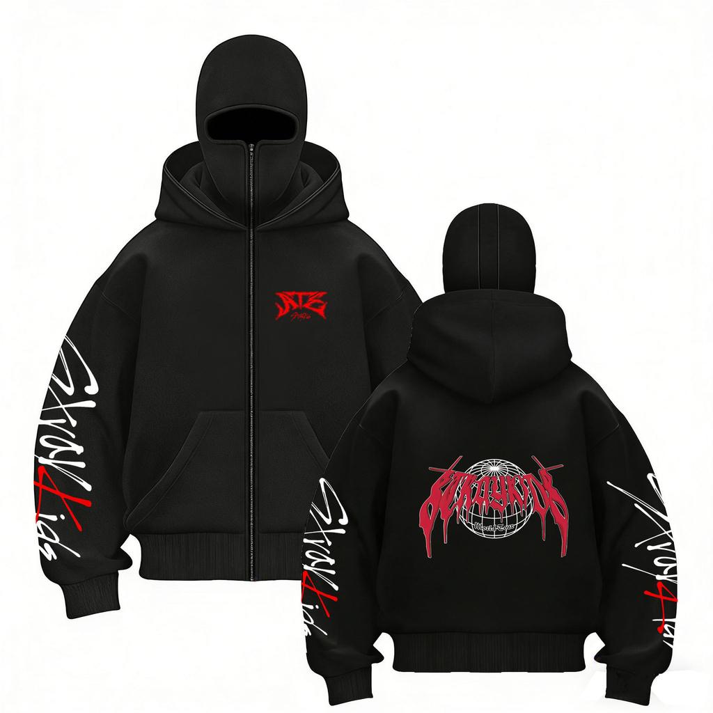 Stray Kids Skz Harajuku Printed Stray Kids Double Hood Zip-Up, Harajuku Print SKZ Hoodie for STAY Two-hat Zip-up Shirt for Men and Women
