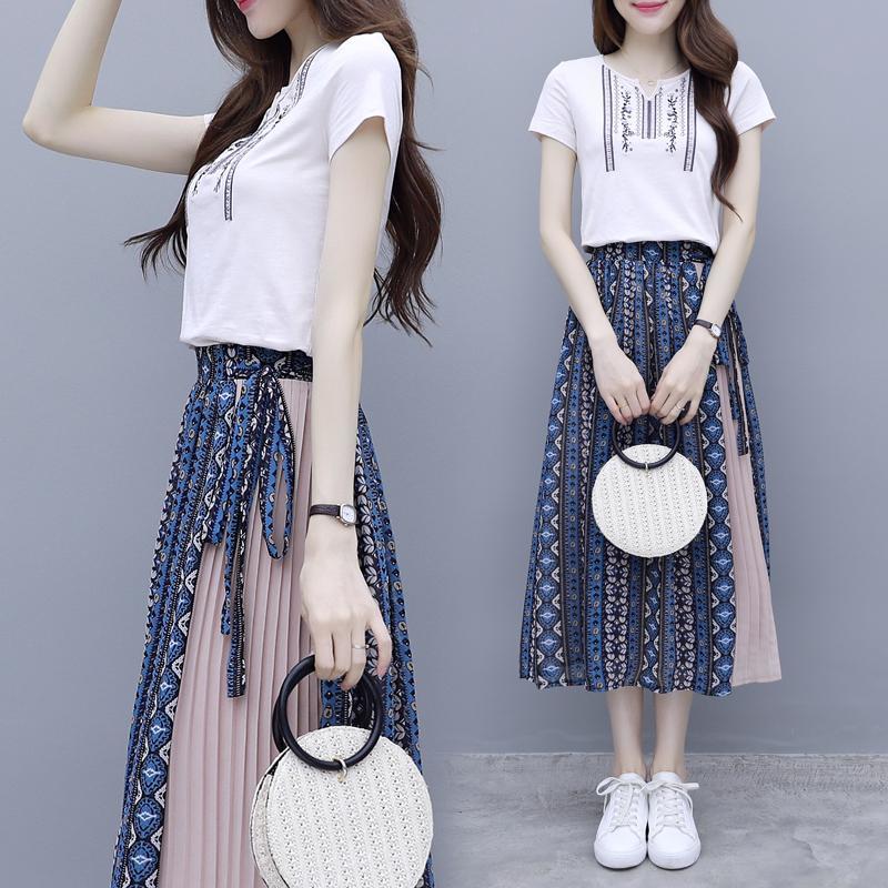 Skirt Suit Female Summer Suit Skirt Two-piece Round Neck Short-sleeved Shirt + A-line Skirt Sweet and Lovely Elegant Temperament