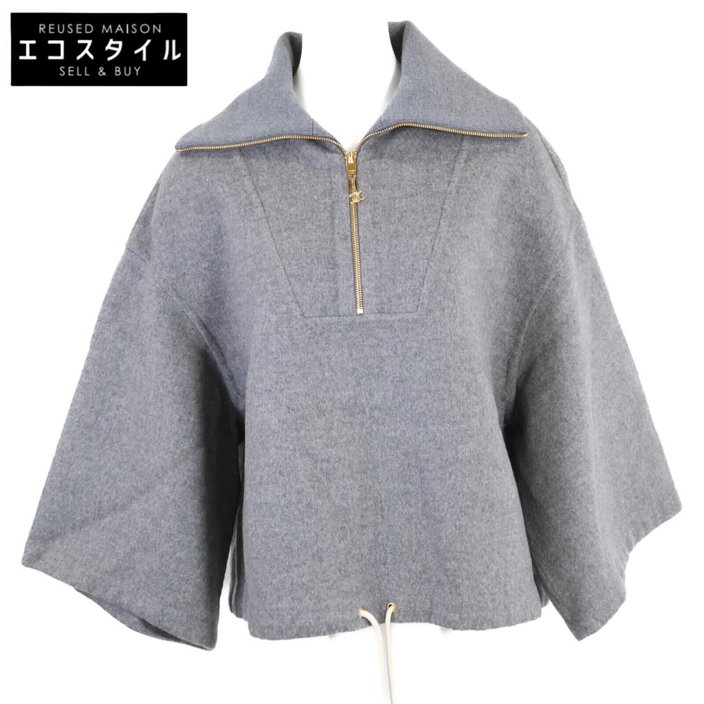 CELINE cashmere100 Triomphe Hardware Half-Zip Pullover tops 34 grayUsed