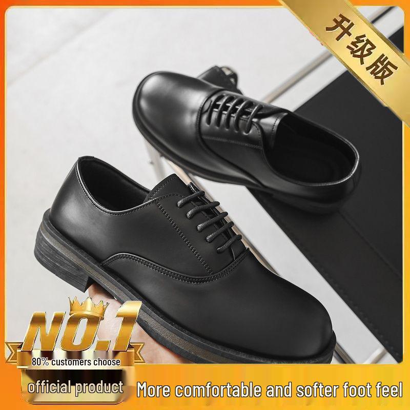 Men's Black Genuine Leather Derby Shoes - High-End, Round Toe, Formal/Casual, French/Japanese-Inspired.