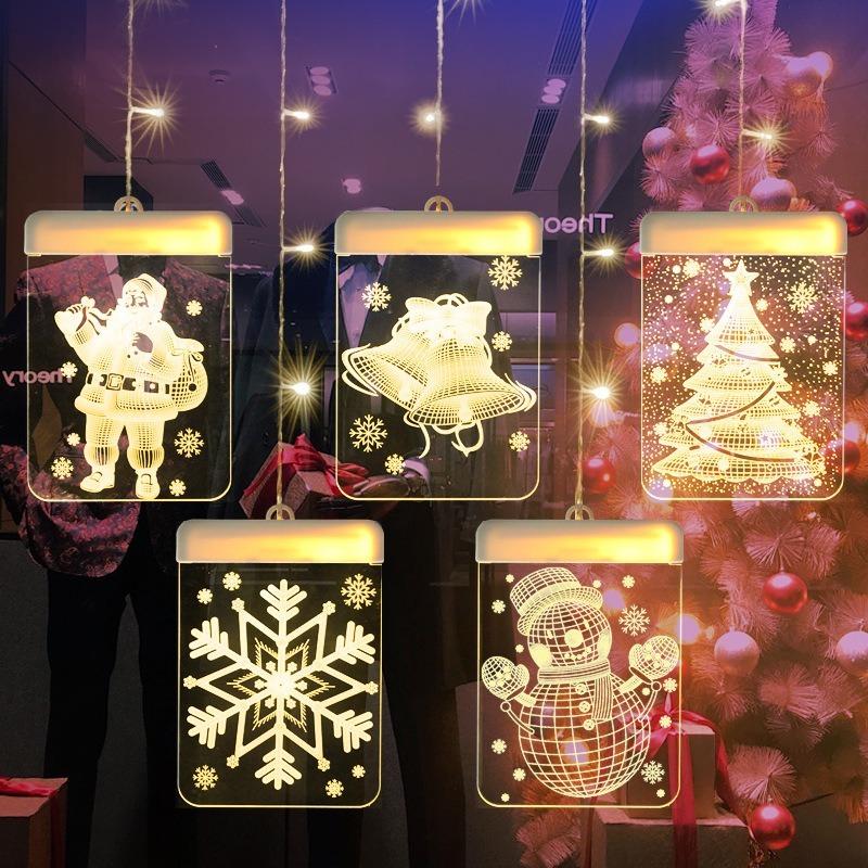 LED Light Christmas Decoration Supplies 3D Bell Snowflake Hanging Lamp Romantic Room Decoration Acrylic Curtain Lamp House Decor