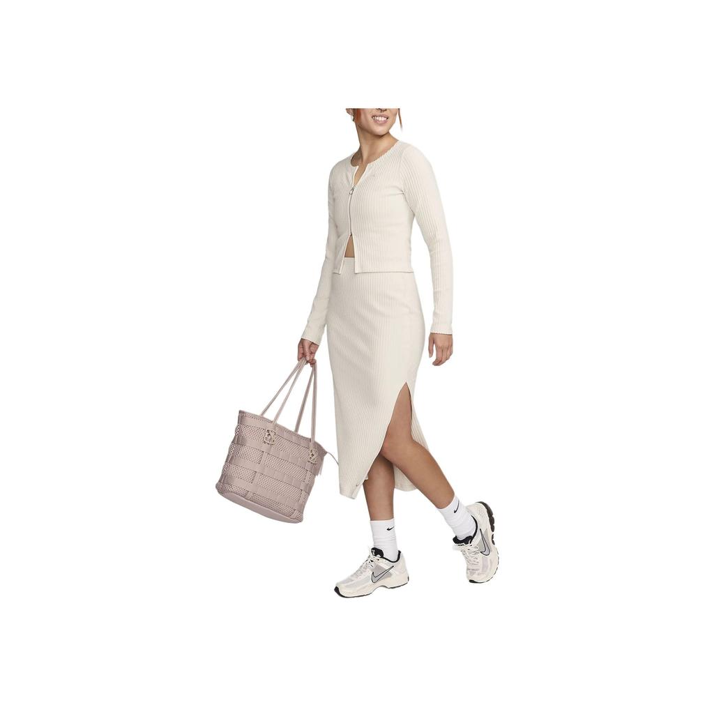 Nike Sportswear Chill Knit Solid Color Zip V-Neck Slim Ribbed Long Sleeve Sweater Women Tops Light-Brown FN3683-104