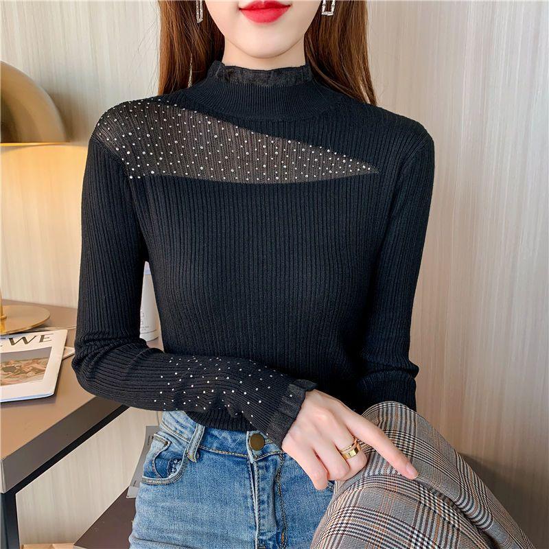 Autumn Lace Half High Neckline Western-style Bottom Shirt with Slim Fit and Long Sleeves Pullover Hollowed Out Sweater Women's Knitted Sweater